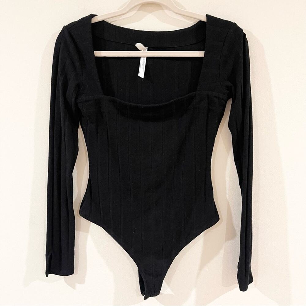 Free People Intimately Beside Me Ribbed Bodysuit Long Sleeve women size S Black